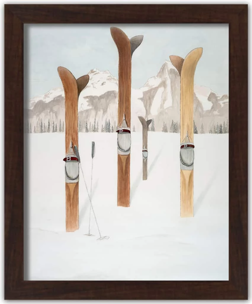 New π Painted Skis In Snow Black Framed Print Under Plexiglass by Designs Direct π