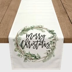 Coupon ✔️ 72" Merry 🔔 Christmas Wreath Poly Twill Table Runner by Designs Direct 💯