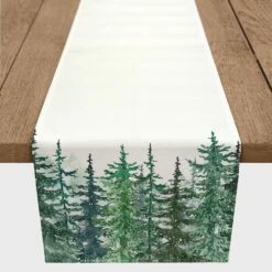 Outlet ๐ 72" Winter Watercolor Pine Forest Poly Twill Table Runner by Designs Direct ๐