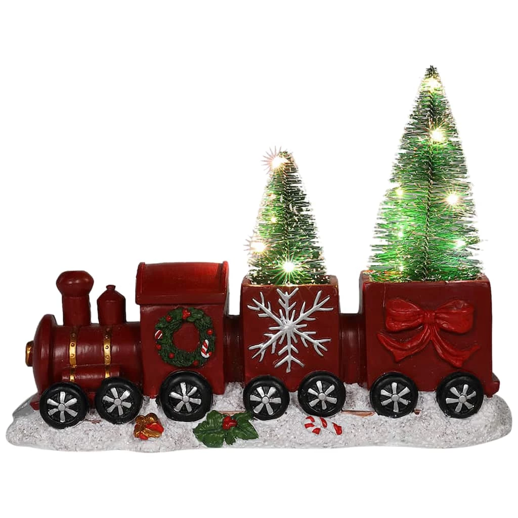 Discount 🔥 12'' Red and Gold 🔔 Christmas Train with LED Lighted Frosted Trees Tabletop Decoration by Northlight 🔔
