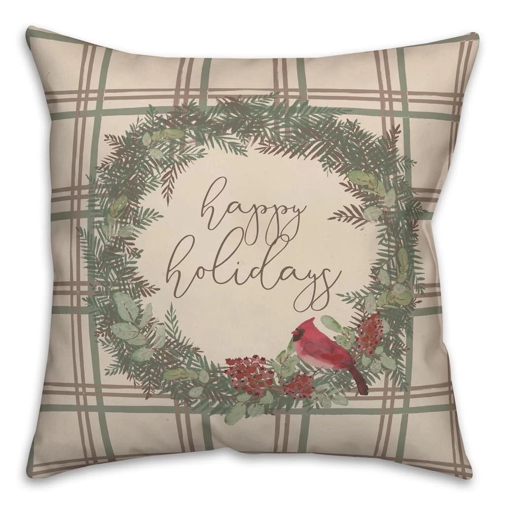 Wholesale โค๏ธ Happy Holidays Plaid Square Throw Pillow by Designs Direct ๐